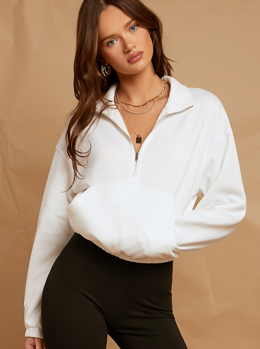 Chic Comfort Drop Shoulder Zip Half Placket Sweatshirt